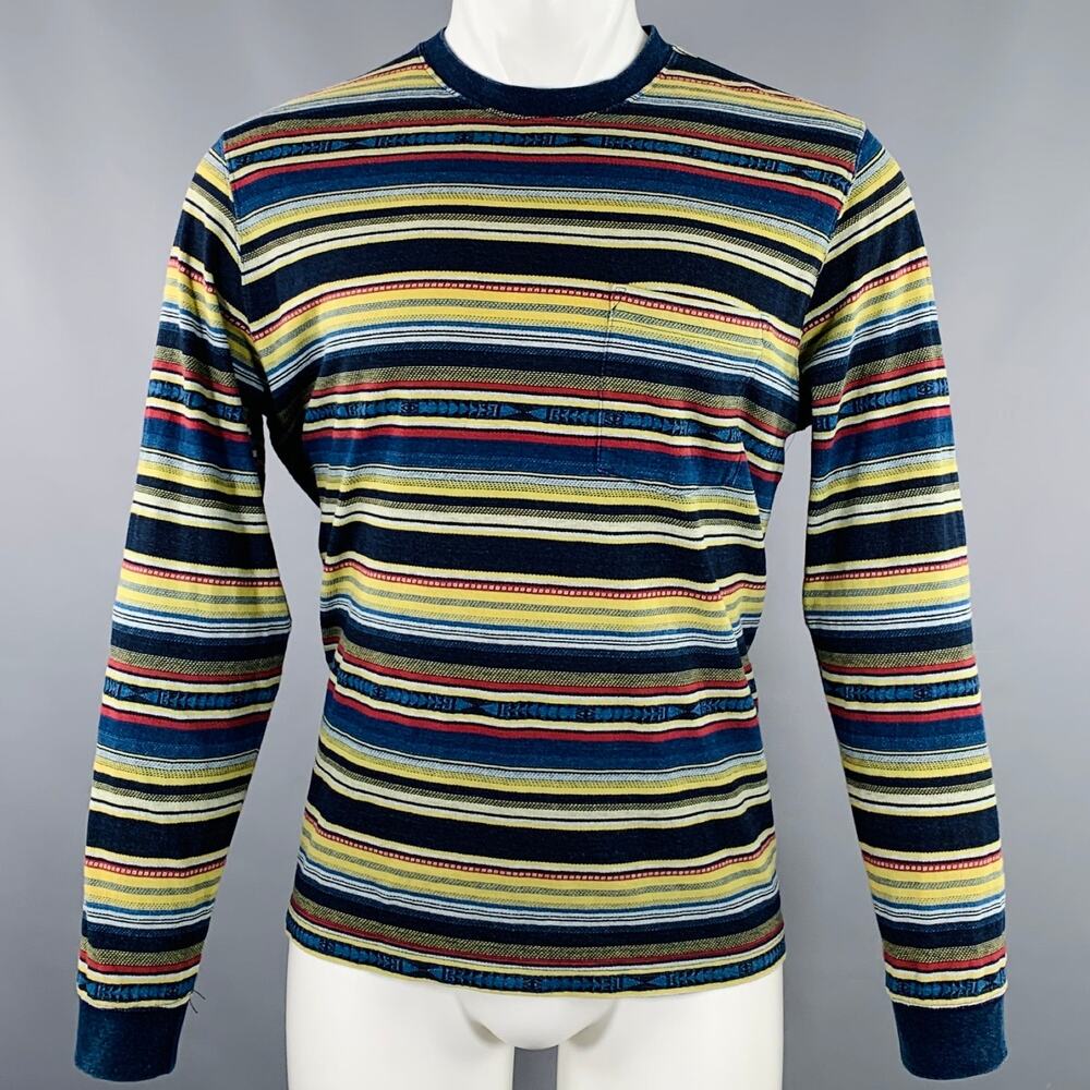 BEAMS PLUS Size M Black Multi Color Stripe Cotton Crew Neck Pullover